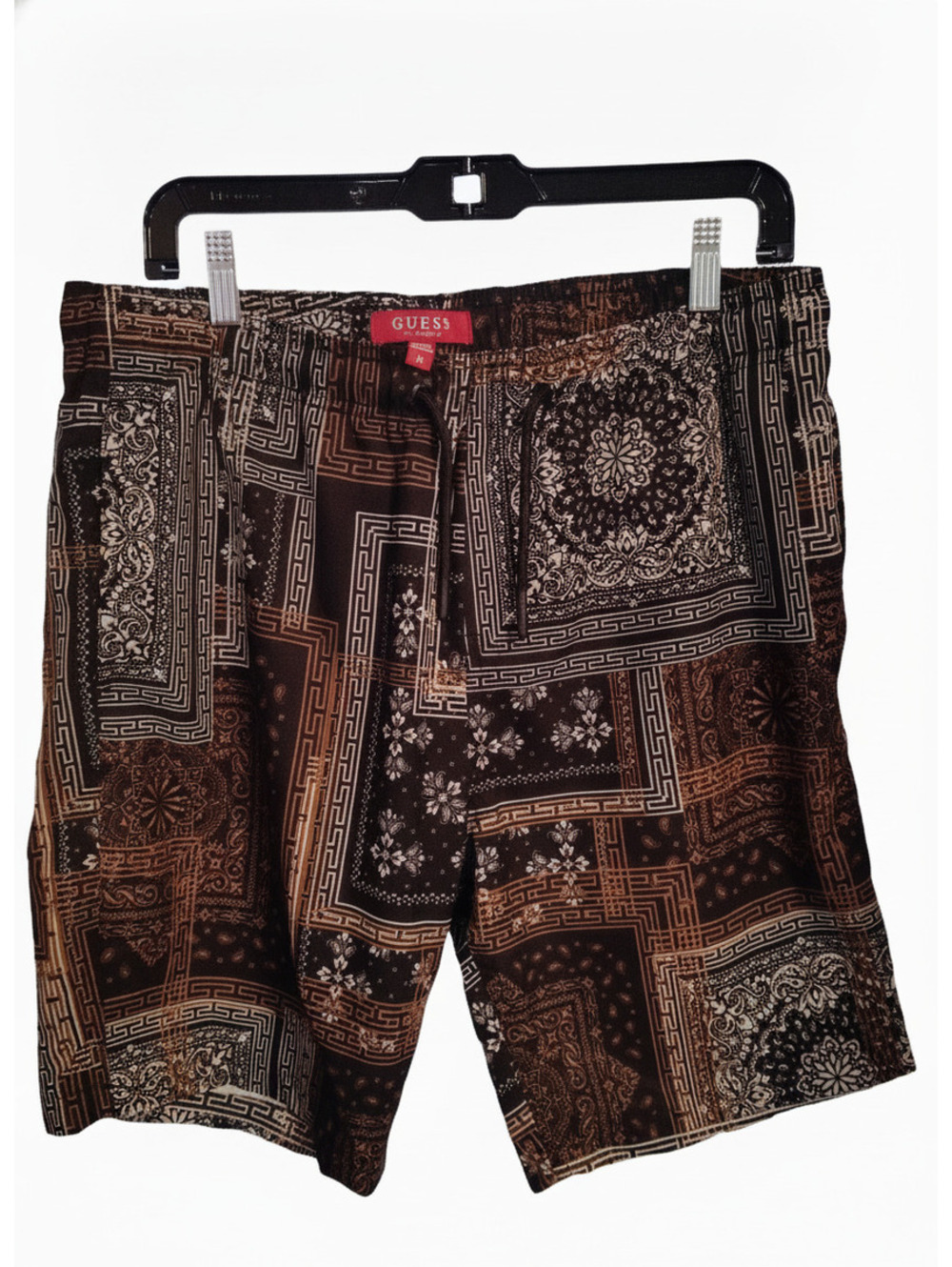 GUESS M Black Paisley Baroque Print Drawstring Shorts Y2K Streetwear